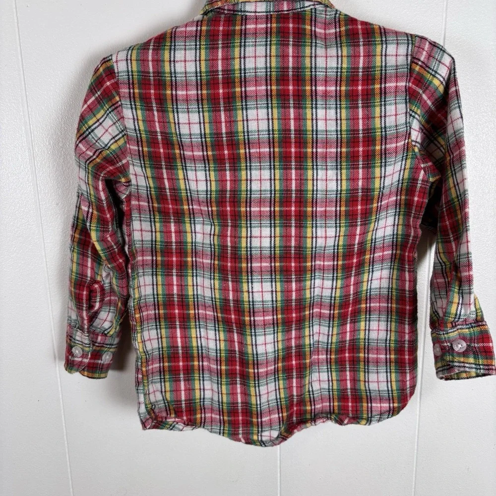 Vintage 90s OshKosh Boys Red Plaid Flannel‎ Shirt Size 3T Made In USA Blue Tag